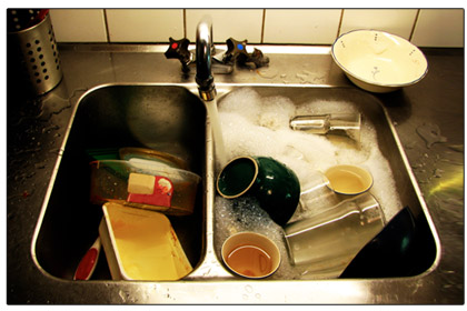 Messy dishes to the right.
