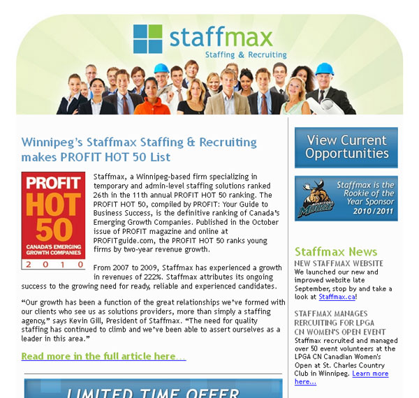 Staffmax email newsletter designed by 6P Marketing