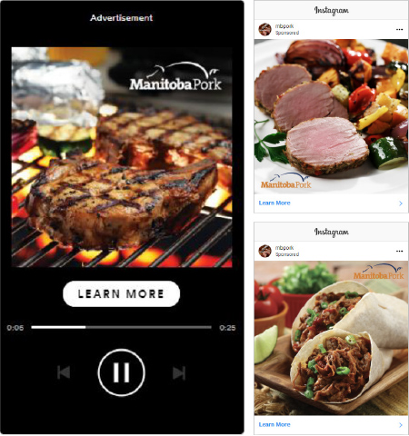 Spotify ads and Instagram ads for Manitoba Pork features pork as a healthy and delicious protein.