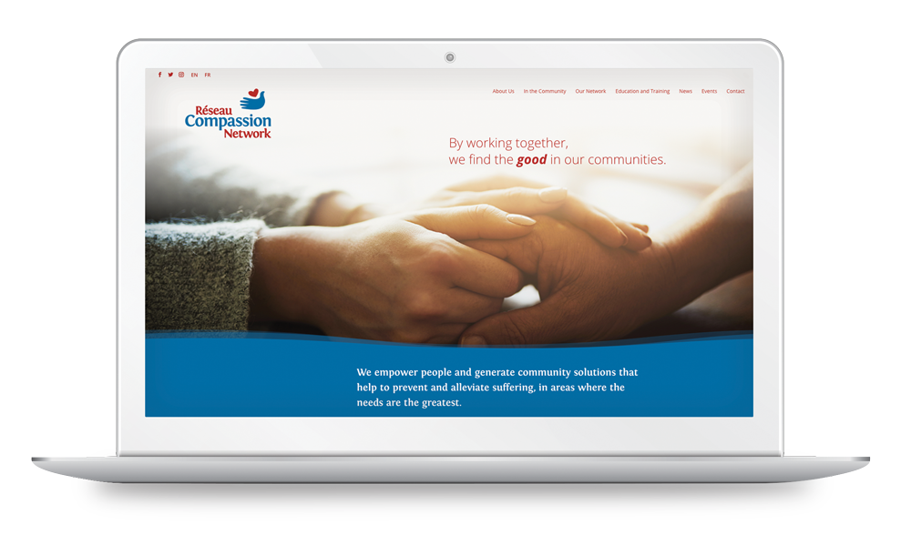 Réseau Compassion Network website displayed on a laptop, featuring hands holding each other and a message about community solutions