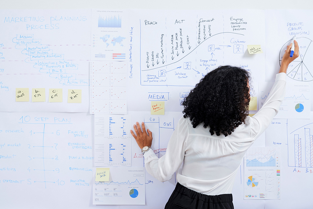 A woman at a whiteboard assembling a details marketing plan