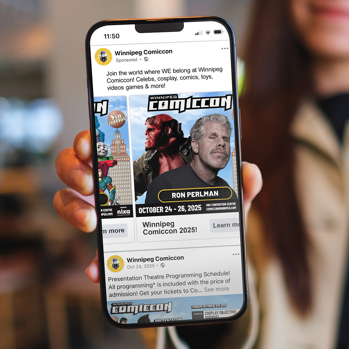 Mockup of Winnipeg Comiccon ad creative in social feed, promoting celebrity guests and more.