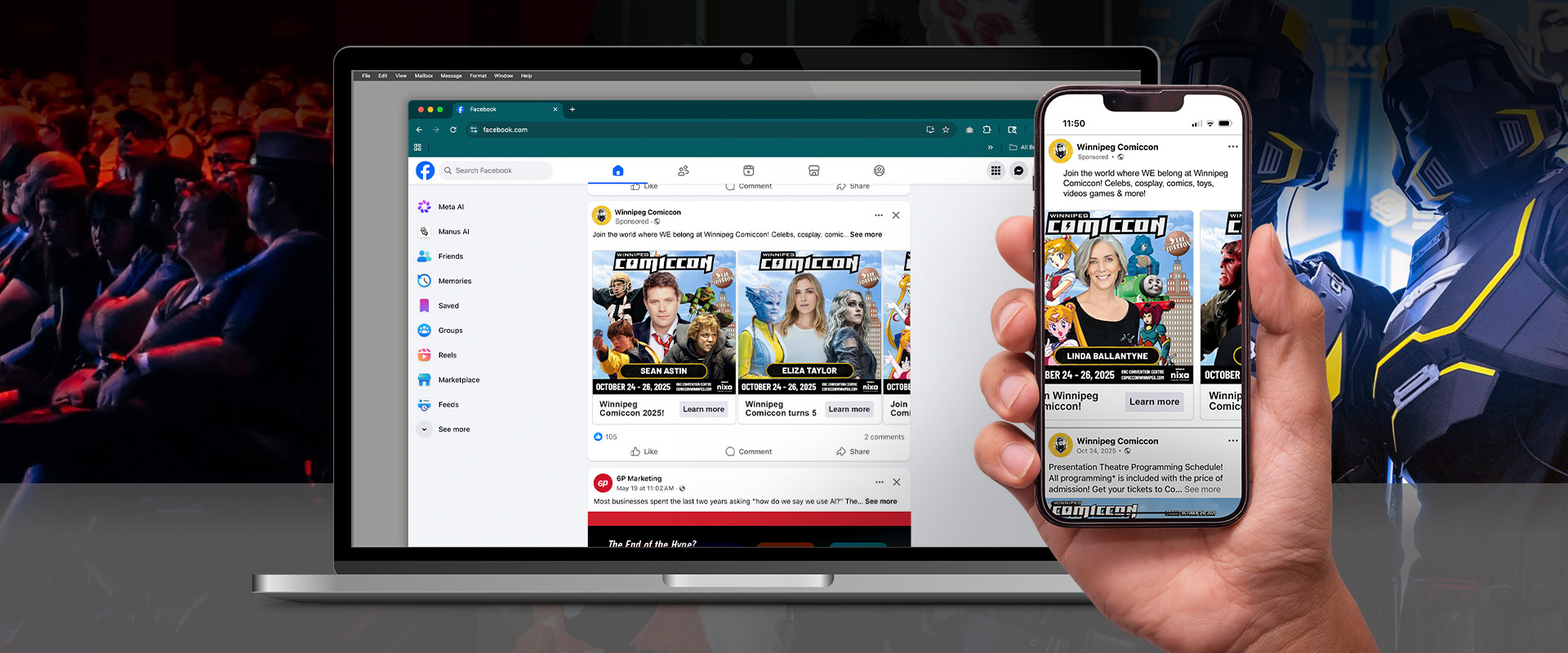 Header image for case study showcasing Comiccon creative in-feed on desktop and mobile.
