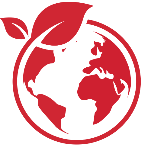 Red eco-friendly planet earth icon with leaves.